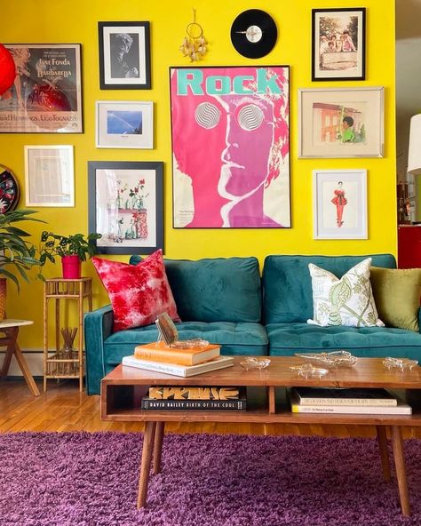 Describe your home’s style in 5 words or less: Colorful, DIY, secondhand, ’70s, arty Living Room 70s, 70s Living Room, Room Partition Wall, Colorful Apartment, Small Apartment Living Room, Living Room Partition, Apartment Aesthetic, Small Apartment Decorating, Small Apartment Living