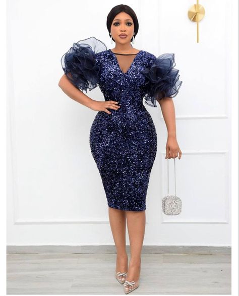 Blue Sequence dress with sleeves as black ruffles. African Party Dresses, Evening Midi Dress, American Dress, Sequin Bodycon Dress, Ruffle Midi Dress, Half Sleeve Dresses, Hip Dress, Midi Dress Bodycon, Party Dresses For Women