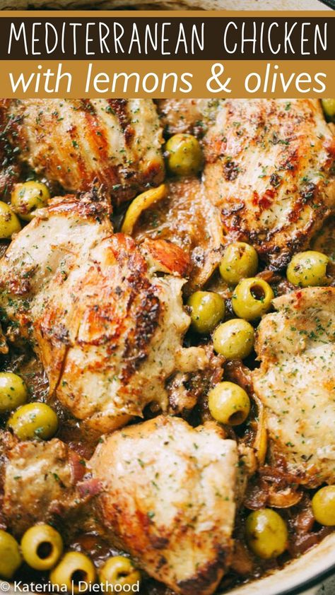 This Mediterranean Chicken is juicy, crisp chicken infused with lemon, garlic, and herbs, baked in the same pan with onions, lemons, and olives. A complete meal in a pan, ready in less than an hour! Olive And Chicken Recipes, Lemon Mediterranean Chicken, Herbed Chicken Recipes, Chicken And Green Olives, Chicken And Olives Recipe Dinners, Lemon Garlic Recipes, Baked Chicken With Olives, Dinner Recipes With Olives, Garlic Lemon Herb Mediterranean Chicken