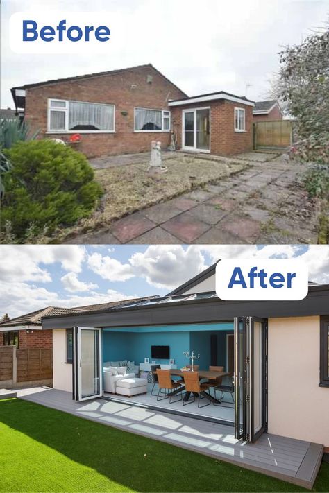 This outdated Wigan bungalow has been transformed into an open-plan family home, all thanks to a hard-working rear extension and renovation, complete with an open-plan kitchen and diner. Kitchen Into Garden Open Plan, Bungalow Kitchen Extension Ideas, Bungalow Kitchen Extension, Open Plan Bungalow Layout Uk, Bungalow Open Plan Living, Rear Extension Ideas Semi Detached, Kitchen Extension Ideas Open Plan, Bungalow Extension Plans, Extension Ideas Open Plan