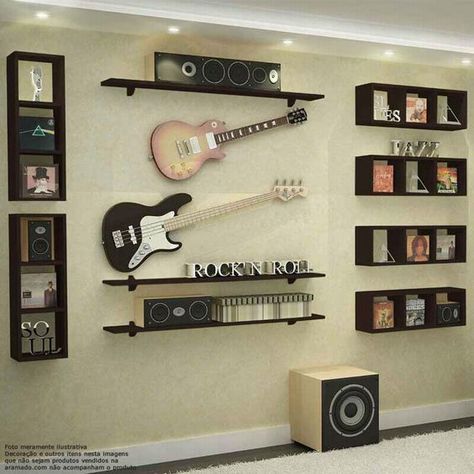 guitar room Guitar Room Man Cave, Guitar Room Ideas, Office Music Room, Room Ideas Men, Music Themed Rooms, Music Room Design, Music Bedroom, Home Music Rooms, Music Corner