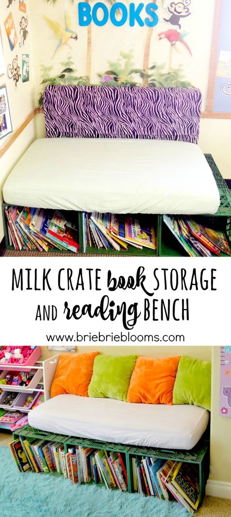 Crate Book Storage, Crate Seats Classroom, Diy Storage Ottoman Bench, Milk Crate Bench, Crate Storage Bench, Milk Crate Seats, Book Crate, Milk Crates Diy, Playroom Area