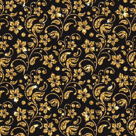 Vector seamless damask pattern with flowers. Golden glitter pattern design. Gold floral background. Gold Background Design, Painting Stripes On Walls, Yellow Flower Wallpaper, Golden Wallpaper, Golden Pattern, Golden Glitter, Golden Flower, Dark Blue Background, Gold Background