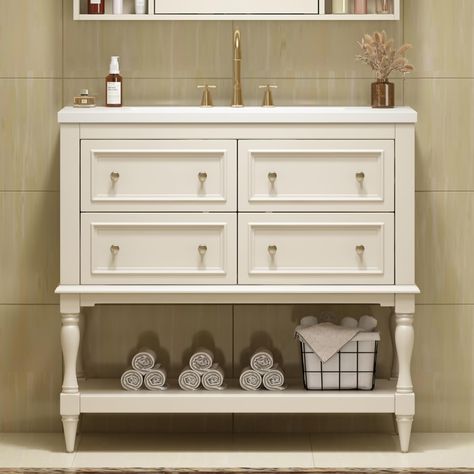 PRICES MAY VARY. Elevate your bathroom style with Merax 36 inch country bathroom vanity with sink. Raise on 4 round turned legs with exquisite embellishment and resting on cylindrical feet, this bathroom vanity will bring an undeniable touch of elegance and luxury to any bathroom. Abundant Storage & Smooth Operation - With 4 functional full-extension drawers and smooth glides, this vanity cabinet offers ample storage that can hold all the lotions, towels and other bathroom essentials, helping to 36” Bathroom Vanity, Cream Bathroom Vanity, French Country Bathroom Vanity, Coastal Bathroom Vanity, Vanity For Bathroom, Country Bathroom Vanities, Antique Bathroom Vanity, Storage Vanity, Bathroom Vanity Storage