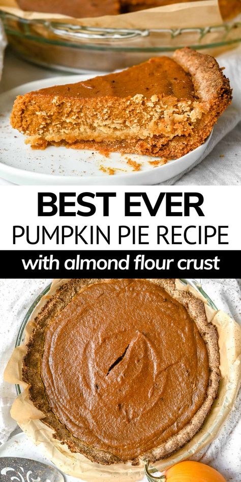 This healthy pumpkin pie recipe without condensed milk is so delicious, creamy, and full of pumpkin flavor! Made with almond flour crust and dairy-free pumpkin pie filling, this easy pumpkin recipe is perfect for Thanksgiving and the holidays! Healthy Pumpkin Pie Crust, Almond Flour Pumpkin Pie, Clean Eating Pumpkin Pie, Paleo Pumpkin Pie Bars, Pumpkin Pie Crust, Healthy Pumpkin Pie Recipe, Healthy Pumpkin Pie, Dairy Free Pumpkin Pie, Pumpkin Pie Bars Recipe