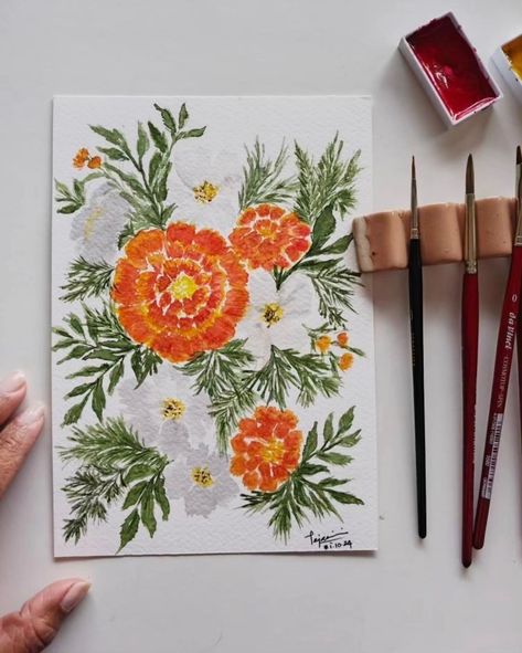 Tej and I are back with our birth flower challenge after a while. Beautiful birth flowers for October - Marigolds and Cosmos, Marigolds signify love, joy, and passion, and the latter fresh starts and a long life. Both flowers breathe beauty with their autumnal colours and we had so much fun painting them. Thank you so much for collaborating with me @paintedwithlovebytej, especially for composing this lovely caption. Till our next November flowers💛❤️ #floraphiliawithus #marigold #cosmos #wat... Flowers For October, Marigold Painting, November Flowers, Autumnal Colours, Fresh Starts, I Am Back, Birth Flower, Fresh Start, Birth Flowers