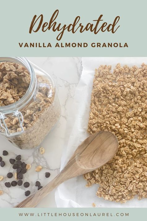 Delicious and easy dehydrator granola with hints of vanilla, almond, and cinnamon. You’ll love the taste as well as the simplicity. Vanilla Almond Granola, How To Make Granola, Granola Recipe Homemade, Cinnamon Nuts, Almond Granola, Oats And Honey, Fruit Leather, Crunchy Granola, Coconut Chips