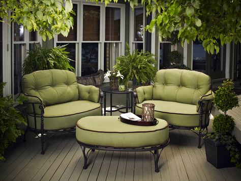 Meadowcraft Athens Wrought Iron Cuddle Lounge Set | ATHLCS Relaxing Patio, Iron Patio Furniture, Terrace Furniture, Wrought Iron Patio Furniture, Outside Furniture, Porch Furniture, Green Furniture, تصميم للمنزل العصري, Outdoor Living Room