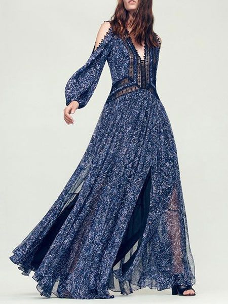 Chiffon Maxi Dress Boho Long Sleeve V Neck Pom Poms Printed Party Dress - Power Day Sale Long Dress Summer, Frock For Women, Paisley Maxi Dress, Estilo Hippie, Casual Chique, Mode Boho, Outfit Trends, Chiffon Maxi, Chiffon Maxi Dress