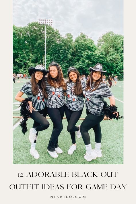 blackout outfits Blackout Outfit Spirit Week, Outfits For A Football Game, Blackout Football Game Theme Outfit, Blackout Outfit, Spirit Day Ideas, Fringe Shirt, Tailgate Outfit, Football Game Outfit, Black Tie Dress