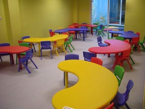 Home Daycare Rooms, Daycare Room Design, Kindergarten Tables, Kindergarten Interior, Preschool Furniture, Preschool Designs, Sunday School Rooms, Classroom Interior, Preschool Decor