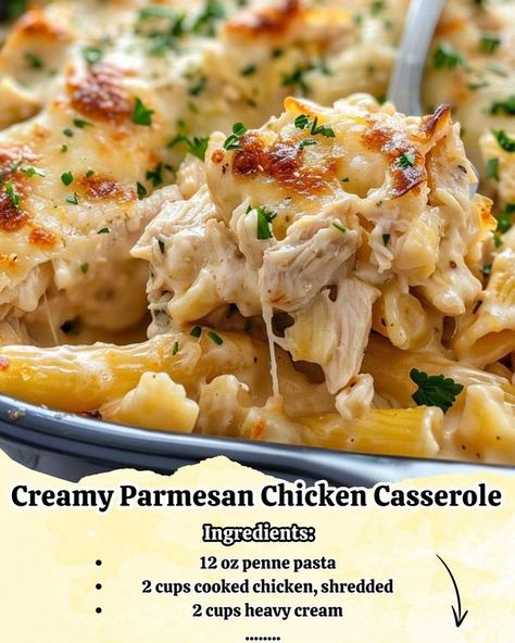 Creamy Parmesan Chicken Casserole, Parmesan Chicken Casserole, Creamy Parmesan Chicken, Chicken Pasta Casserole, Pasta Side, Pasta Homemade, Chicken Shredded, Chicken Casseroles, Chicken Parmesan Casserole