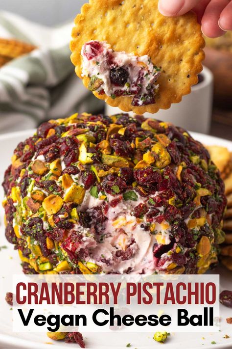 This festive Cranberry Pistachio Vegan Cheese Ball is the perfect no-bake appetizer to share with family and friends. This delicious cranberry pistachio vegan cheese ball is guaranteed to be the star of the show at any gathering! Vegan Cheeseball, Cranberry Cheese Ball, Vegan Cheese Ball, Cheeseball Recipe, Baked Appetizers, Vegan Appetizer, Vegan Cheese Recipes, Fall Vegan Recipes, Vegan Party Food