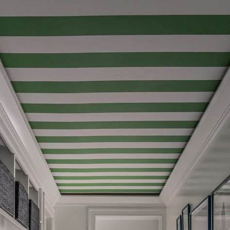 Megan Gorelick Interiors on Instagram: "I guess we kinda have a thing for stripes on the ceiling?! • • • #megangorelickinteriors #interiordesign #mudroom #laundryroom" Megan Gorelick Interiors, Ceiling Wallpaper Hallway, Wallpaper Mudroom Ideas, Coloured Ceilings, Architecture Ceiling Design, Stripe Ceiling, Striped Hallway, Striped Ceiling, Painted Hallway