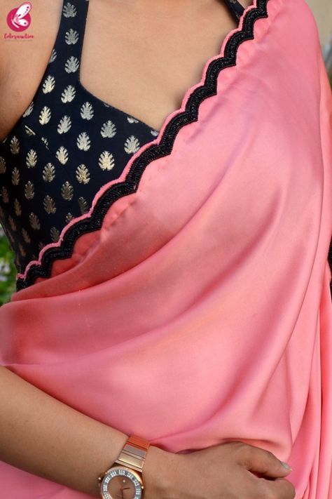 Black & Golden Motifs Brocade Halter Neck Backless Blouse - Blouses Pink Plain Saree, Plain Saree With Border, Peach Pink Saree, Saree With Border, Handwork Saree, Saree Work, Fancy Sarees Party Wear, Crepe Saree, Border Saree