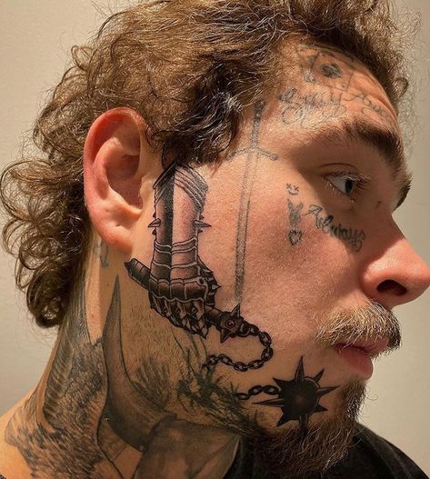 New Post Malone, Face Tats, Fan Tattoo, Kristen Bell Tattoos, Facial Tattoos, Full Body Tattoo, Tattoos Skull, Face Tattoos, Head Tattoos