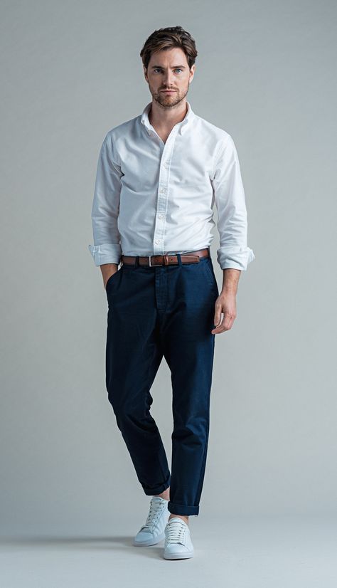 Kempt casual white Oxford cotton shirt, when you can't decide what to wear. Great for bridging the gap when the dresscode calls for smart casual menswear, paired with our navy cotton chino. White Dress Shirt Navy Pants Men, Navy And White Outfit Men, Smart Dress Code Men, Chino Pants Men Outfits Smart Casual, White Oxford Shirt Outfit Men, Oxford Shirt Outfit Men, White Oxford Shirt Outfit, Cotton Pants Outfit, Oxford Shirt Outfit