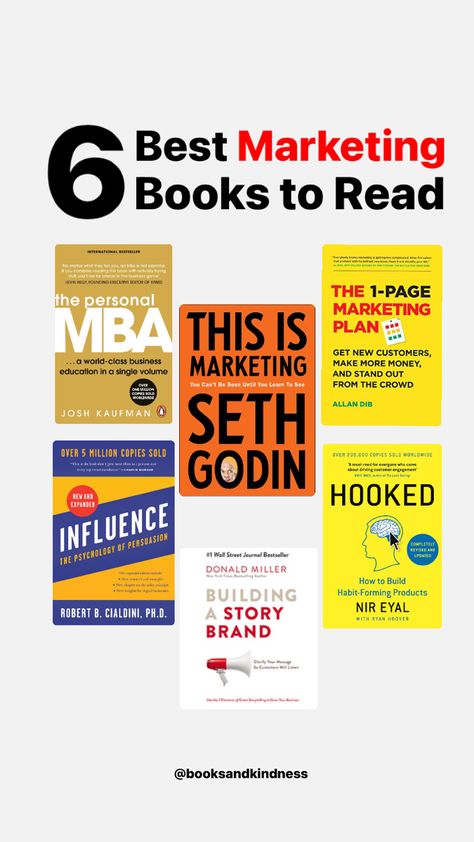 6 best marketing books to read. 1. The Personal MBA Josh Kaufman
2. This is Marketing by Seth Godin
3. Hooked by Nir Eyal
4. The 1-Page Marketing Plan by Allan Dib
5. Influence by Robert B. Cialdini 1 Page Marketing Plan, Mba Books To Read, For Dummies Books, Books For Marketing, Marketing Books To Read, Marketing Books Business, Mba Books, Nir Eyal, Digital Marketing Books