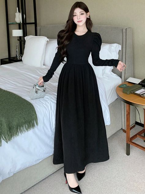 Women's Long Waist Gathered Puff Sleeve Black Thick Warm Dress, Back To School Season Dress Black Casual  Extra-Long Sleeve Knitted Fabric Plain A Line High Stretch Fall/Winter Women Clothing, size features are:Bust: ,Length: ,Sleeve Length: New Long Frock Models, Korean Black Dress, Long Black Dress Casual, Long Frock Models, Long Black Dress Outfit, Wedding Motif, Frock Models, Formal Dress Black, Black Frock