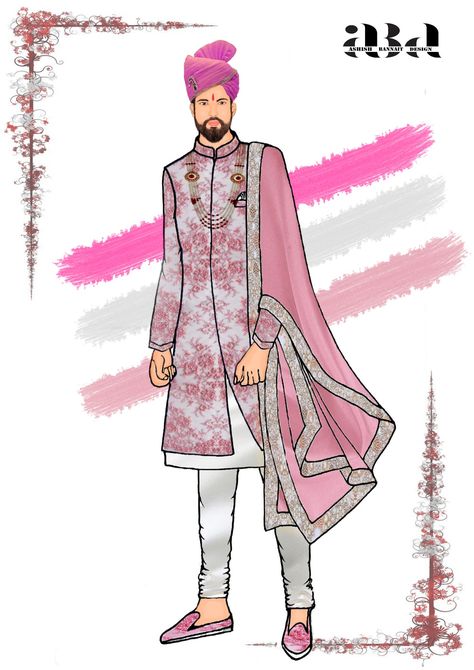 Groom illustration #weddings #fashionillustration Mens Fashion Illustration Indian, Indian Groom Illustration, Groom Fashion Illustration, Croqui Illustration, Groom Sketch, Male Fashion Illustration, Groom Indian Wedding Outfits, Groom Illustration, Dress Illustration Art