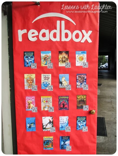 Readbox Door! (igniting a passion/purpose for reading...added bonus = tech integration) Library Lessons, Summer Slide, Door Decorations Classroom, Readers Workshop, Reading Workshop, Book Report, Reading Classroom, Classroom Library, Classroom Door