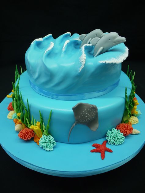 Ocean Inspired cake - Ocean waves with Dolphins Dolphin Cake, Dolphin Cakes, Rodjendanske Torte, Beach Themed Cakes, Inside Cake, Ocean Cakes, Sea Cakes, Beach Cakes, Cake Decorating Ideas