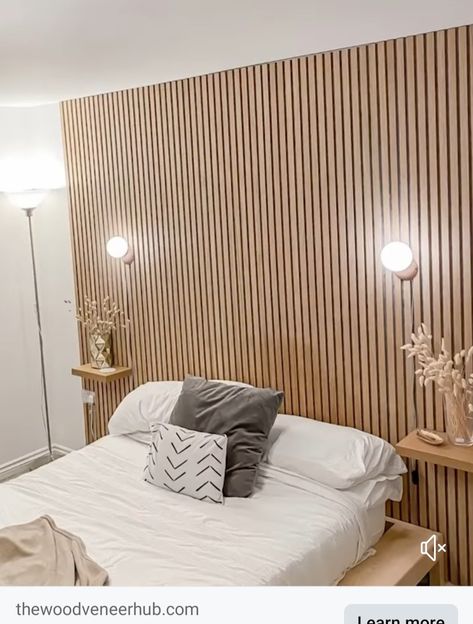 Slat Wall Above Bed, Wood Design Behind Bed, Pole Wrap Bedroom Wall, Diy Wood Slat Headboard, Daisy Bedroom, Light Gray Bedroom, Headboard With Shelves, Basement Apartment, Timber Panelling