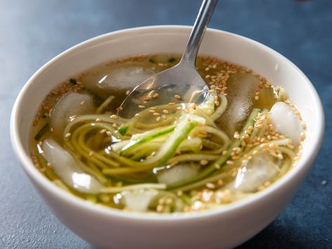 This Icy Korean Cucumber Soup Is Just What Your Summer Needs | Serious Eats Cold Cucumber Soup, Korean Cucumber, Cucumber Soup, Korean Soup, Summer Needs, Julienned Carrots, Summer Soup, Cold Soup, Cold Dishes