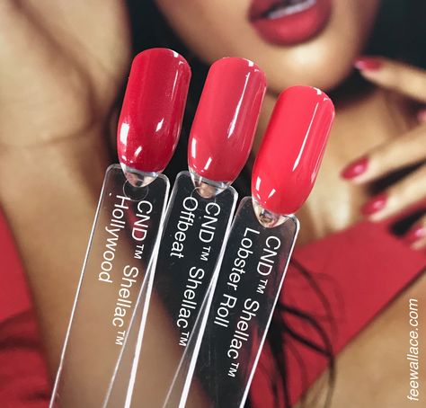 Offbeat CND Shellac color comparison to other reds by Fee Wallace Cnd Shellac Colors Winter, Cnd Shellac Colors, Shellac Nail Colors, Cnd Shellac Nails, Shellac Colors, Cnd Nails, Nail Effects, Nails Colors, Creative Nail Designs