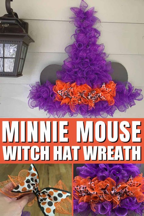 Minnie Witch Hat Wreath DIY: Affordable and Easy 1 Witch Hat Wreath Diy, Witch Hat Wreath Form, Halloween Wreath Diy Easy, Hat Wreath Diy, Dollar Tree Witch Hat Wreath, Wreath Form Ideas, Dollar Tree Witch Hat, Halloween Witch Hat Wreath, Witch Hat Wreath