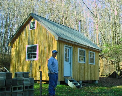 small cabin in woods 14x20 Cabin Plans, Small Cabin Plans With Loft, Small Cabin Designs, Cabin In Woods, Pre Built Cabins, Diy Cabins, Cabin Plans With Loft, Small Cabins, Small Cabin Plans