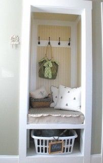 I really would love to do this... repurpose your entryway closet with paint/wallpaper, hooks and a seat with storage underneath. Mud Closet, Tiny Entryway, Mini Dressing, Mudroom Closet, Front Closet, Entry Closet, Entryway Closet, Mud Rooms, Hall Closet