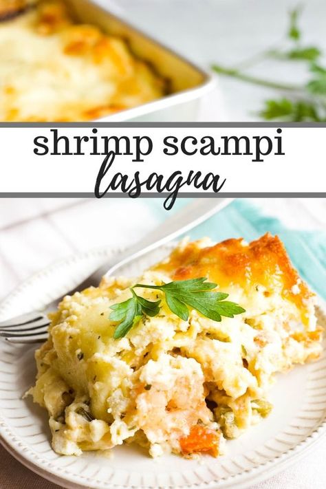 A creamy shrimp scampi seafood lasagna featuring shrimp, veggies, and plenty of melted cheese. This seafood lasagna is a hit at family parties! An easy Seapak Shrimp Scampi recipe that you can make ahead of time. #seapak #lasagna #seafood #shrimp #comfortfood #lifealittlebrighter Lasagna Seafood, Creamy Shrimp Scampi, Healthy Seafood Dishes, Seafood Lasagna, Creamy Shrimp, Popcorn Shrimp, Shrimp Scampi Recipe, Scampi Recipe, Garlic Butter Shrimp