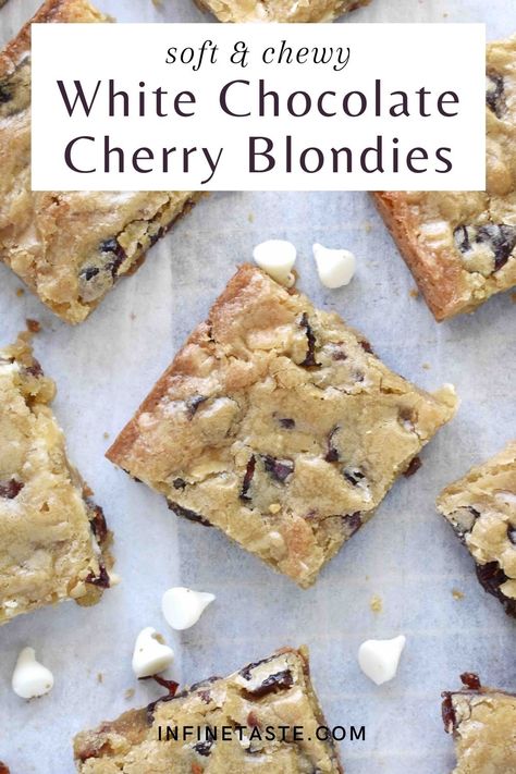 These white chocolate cherry blondies (sometimes called blondie brownies or blonde brownies) are every bit as indulgent as they sound! It has a blondie base, with a rich butterscotch flavor, and is full of sweet and tart dried cherries, and white chocolate chips. They’re quick to maker and easier than any chocolate chip cookie bars! #CherryCookies #BlondiesRecipes #BlondieBrowniesRecipe Coconut Pecan Cookies, White Chocolate Cherry, Blonde Brownies, White Chocolate Blondies, Levain Bakery, Chocolate Chip Bars, Cherry Cookies, Rhubarb Cake, White Chocolate Bar