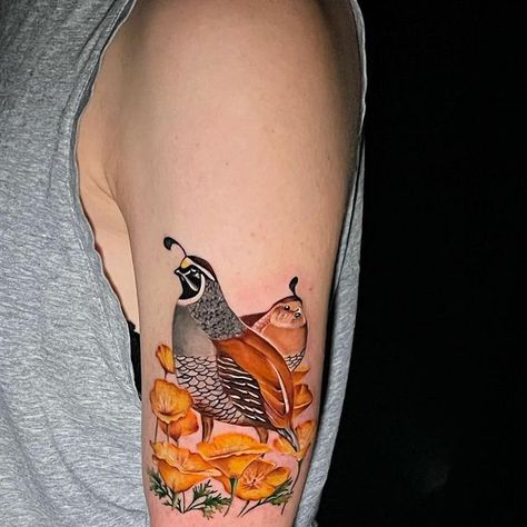 Inked Ƀʸ 𝖫Ei on Instagram: "California quail and poppy tattoo done in reference of a Cali post stamp! Had fun with this one. I dont normally do color realism but def had fun! @hotrodtattooaz #californiapoppytattoo tattoo #tattoos #tattooartist #arizonatattooer #arizonatattooartist #chandleraztattoos #femaletattooer #femaletattooartist #tattooart #colortattoo #bishoprotary #hustlebutterdeluxe #fkirons #worldfamousink #davincineedles" Quail Feather Tattoo, Quail Tattoo Ideas, Quail Tattoo Traditional, Quail Family Tattoo, California Quail Tattoo, California Tattoo Ideas, Quail Tattoo, Red Carnal Bird Tattoo, California Poppy Tattoo