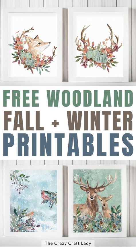 Fall Decor Printables Free, Free Woodland Printables, Woodland Animal Prints Free Printables, Free Woodland Animal Printables, Free Printable Forest Animal Pictures, Winter Printables Free For Kids, Autumn Printables Free, Winter Printables Free Wall Art, Woodland Free Printables Forest Animals