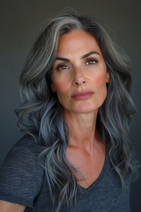 25 Gorgeous Salt And Pepper Hair Color Ideas Silver On Brown Hair, White And Dark Brown Hair, Long Grey Hair With Bangs Over 50, How To Cover Grey Hair In Dark Hair, Graying Hair Highlights, Ash Gray Highlights, Grey Hair Blending Ideas, Brown And Gray Hair, Gray Highlights Brown Hair Over 50