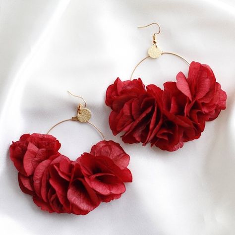 Nose Cuff, Red Flower Earrings, Red Tone, Christmas Wedding Gifts, Hydrangea Flowers, Hydrangea Flower, Red Earrings, Loose Hairstyles, Floral Earrings