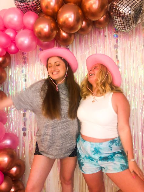 #pinkcowboyhat #cowgirl #cowboy #pink #discoball #photoshoot #backdrop #partydecor #slumberparty #sleepover #pajamas Sleepover Pajamas, Pink Cowboy Hat, Pink Cowboy, Party Photo Backdrop, Cowboy Decorations, Cowgirl Cowboy, Party Photo, Slumber Parties, Disco Ball