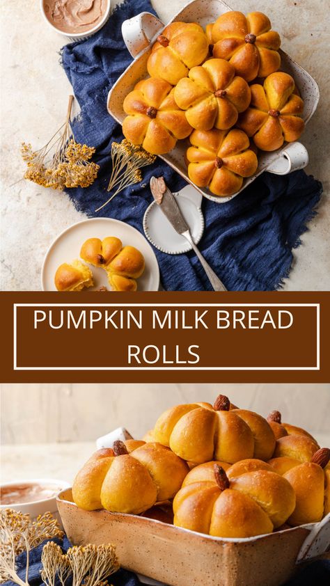 How to make pumpkin milk bread rolls Pumpkin Shaped Yeast Rolls, Thanksgiving Bread Rolls Recipe, Homemade Bread For Thanksgiving, Pumpkin Rolls Easy, Thanksgiving Pumpkin Roll, Pumpkin Milk Bread, Halloween Bread Rolls, Fall Dinner Rolls, Butternut Squash Rolls