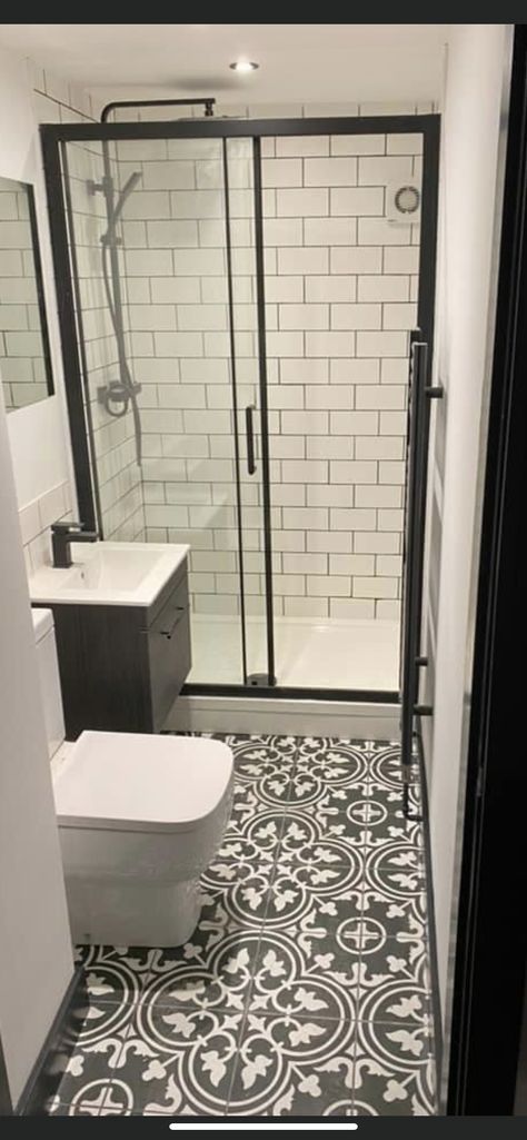 Galley Ensuite Bathroom, Small Modern Shower Rooms, New Build Ensuite, Narrow Ensuite Shower Room, Narrow Bathrooms With Showers, En Suite Inspiration, Narrow Bathroom With Shower Only, Downstairs Shower Room Small, Compact Shower Room Ideas