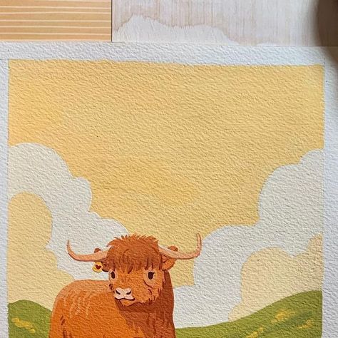 Viktoria on Instagram: "I am so HAPPYYY! This is the patreon illustration for April and after lots of trials and error I am soo happy with this piece! These littlw highland cows will be a print and I am still busily drawing three more for stickers! . (Unpaid ad) Arches cold press watercolour paper, Holbein Acryla Gouache . #acrylicgouache #holbeingouache #kawaiiart #animalartist #gouacheillustration #illustration #highlandcow #cuteart #animalillustration" Cute Highland Cow Drawing, Highland Cow Cartoon, April Illustration, Highland Cow Drawing, Watercolor Cows, Highland Cow Illustration, Watercolour Cow, Highland Cow Watercolour Paintings, Cow In Field Drawing