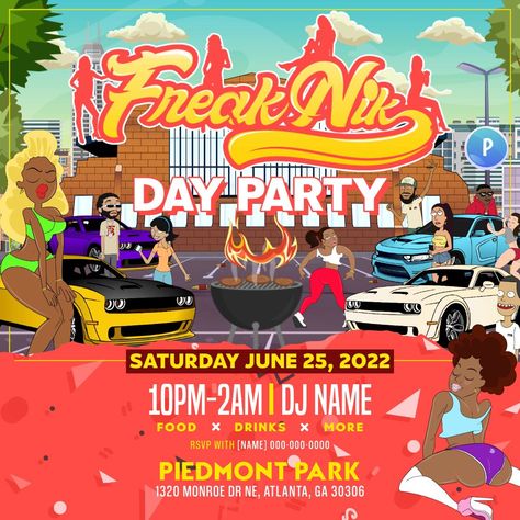 FreakNik flyer, digital invitations Freaknik Flyer, Pool Parties Flyer, 90s Fashion Outfits Hip Hop Party, 20th Birthday Party, Frat Parties, Mom Party, Piedmont Park, Electro Music, Music Flyer