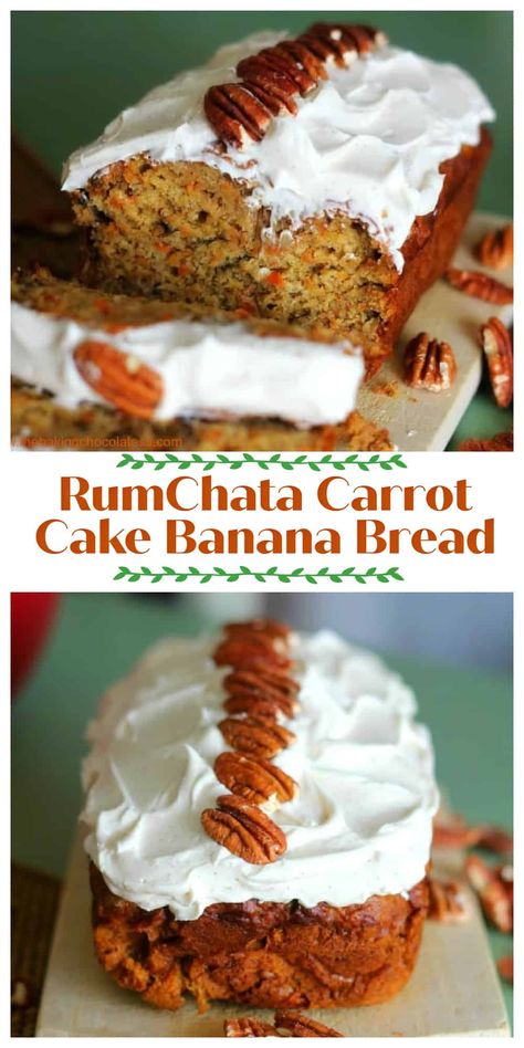 RumChata Carrot Cake Banana Bread {RumChata Cinnamon Cream Cheese Frosting} - One slice will probably not be enough, just warning you.  The medley of spices, grated carrot, pecans, walnuts, RumChata and applesauce infused in banana bread is intoxicating. Rumchata Cake, Dessert Bread Machine Recipes, Homemade Dessert Bread, Carrot Recipes Dessert, Carrot Cake Banana Bread, Cake Banana Bread, Spiced Carrot Cake, Carrot Banana Cake, Easy Homemade Desserts