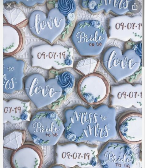 Steel Blue Bridal Shower Ideas, Dusty Blue And Sage Green Bridal Shower Decorations, Dusty Blue Desserts, Bridal Shower Ideas Dusty Blue, Dusty Blue Wedding Cookies, Something Blue Cookies, Something Blue Bridal Shower Cookies, Something Blue Bridal Shower Favors, Something Blue Wedding Shower Ideas