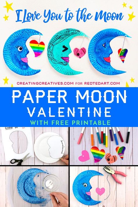 Paper Plate Moon for Valentine's Day - I love you to the moon and back! Adorable paper plate moon activity with free printables for kids. #paperplates #preschool #tothemoonandback Valentine Traditions, Valentines Preschool, Valentines Art For Kids, Valentine Art Projects, Red Ted Art, Paper Plate Craft, February Ideas, Paper Plate Crafts For Kids, February Crafts