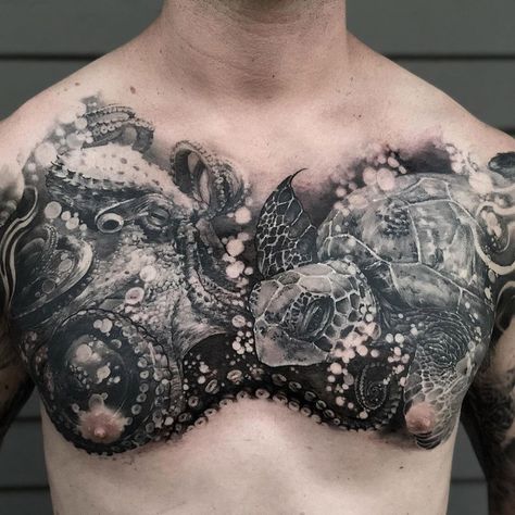 Sea Turtle Chest Tattoo, Octopus Chest Tattoo, Turtle Chest Tattoo, Sea Tattoo Sleeve, Chest Tattoo Men Ideas, Tattoo Men Ideas, Chest And Back Tattoo, Full Chest Tattoos, Sea Turtle Tattoo