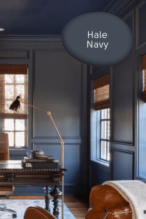 Color Drenching Will Make Any Space Luxurious (And It's Easy!) - Mod & Mood Navy Blue Staircase Walls, Victorian Living Room Paint Color Ideas, Moody Blue Office Paint Colors, Navy Basement Walls, Dark Blue Basement Walls, Navy Trim Interior, Hale Navy Basement, Farrell Calhoun Paint Colors, Vintage Blue Paint Color