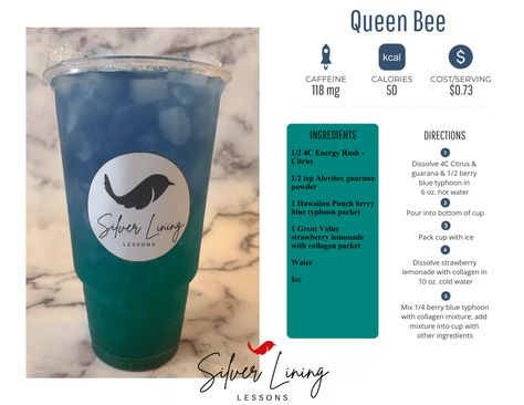 Queen Bee (Beauty Drink) - Silver Lining Lessons Loaded Tea Recipes Diy, Homemade Teas, Silver Lining Lessons, Bomb Shots, Colada Drinks, Bomb Drinks, Raspberry Drink, Herbalife Teas, Beauty Drink