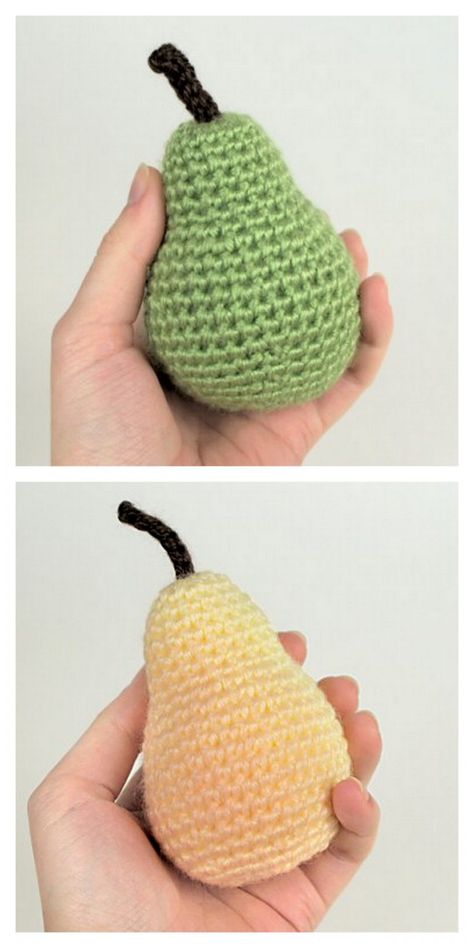 Crochet Pear Fruit Pattern Free, Crochet Pear, Fruit Crochet, Crochet Basket Tutorial, Crochet Apple, Free Amigurumi Crochet Patterns, Coaster Pattern, Crochet Pillow Cover, Crochet Fruit